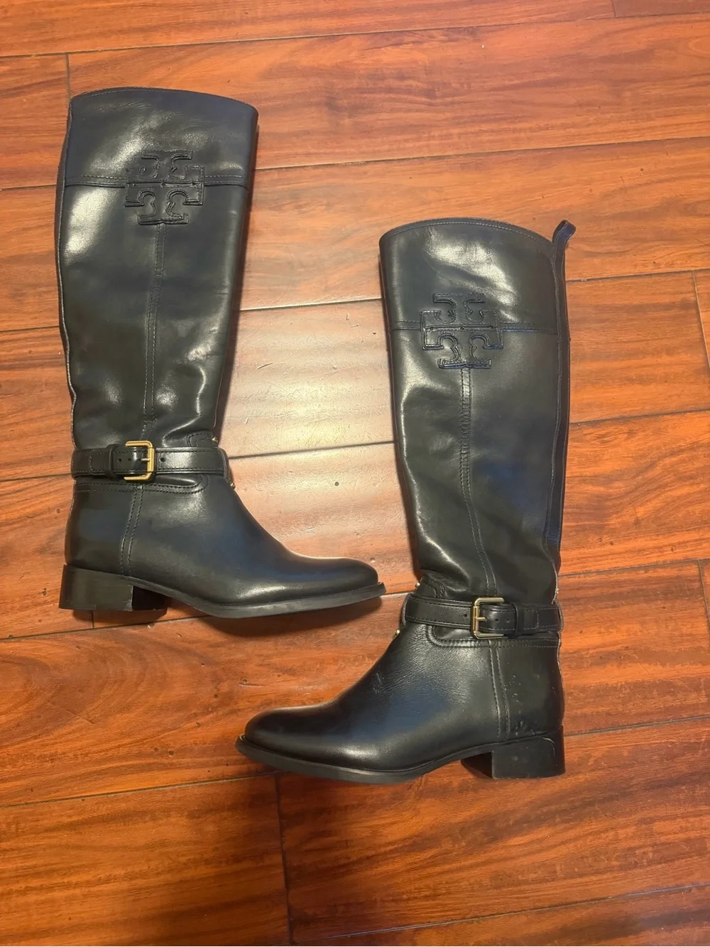 Tory Burch Black Leather Riding Boots with Gold Buckle - Picture 2 of 13